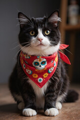 Adorable Cat Wearing Festive Day of the Dead Bandana