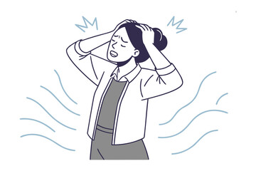 "Headache agony : A stressed person grasps her head with a look of anguish, portraying the overwhelming pain and frustration of a headache.