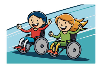 Joyful Wheelchair Race: A vibrant illustration captures the thrill of a wheelchair race, depicting two enthusiastic participants with spirited smiles as they compete with determination. 