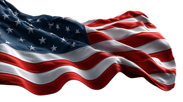 Waving american flag with stars and stripes against a black background in a dramatic presentation