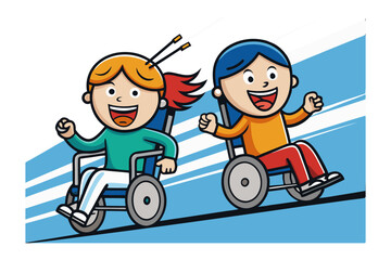 Inclusive Race: A vibrant illustration showcasing the spirit of inclusivity as two children enthusiastically participate in a wheelchair race, their faces beaming with joy and determination.