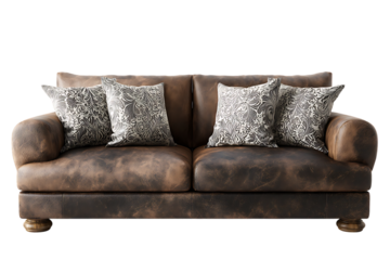 Brown leather sofa with patterned pillows.