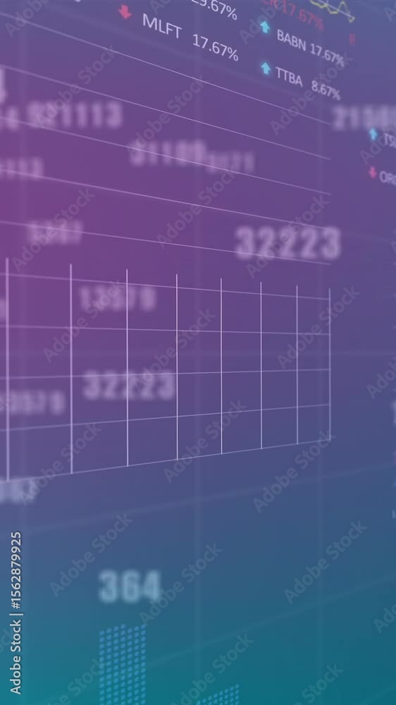 Poster animation of changing numbers over multiple graphs and trading boards on abstract background