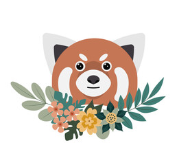 Cute red panda illustration surrounded by colorful flowers and leaves