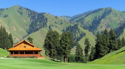 Wooden golf clubhouse nestled in valley, mountains backdrop. Lush green hills and fairway. Sunny day.