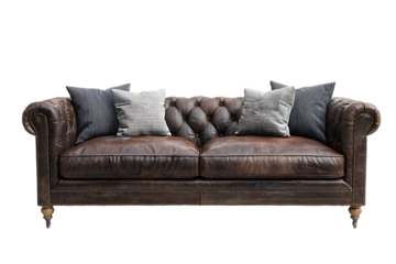 Brown leather sofa with tufted back and pillows