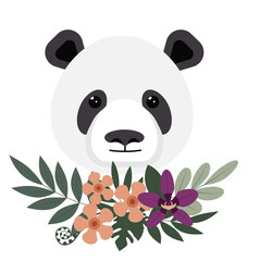 Cute panda head design surrounded by colorful flowers and leaves in a minimalist style