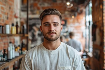Handsome young man standing at a barber shop, waiting for his haircut or grooming session with a relaxed and confident demeanor, Generative AI