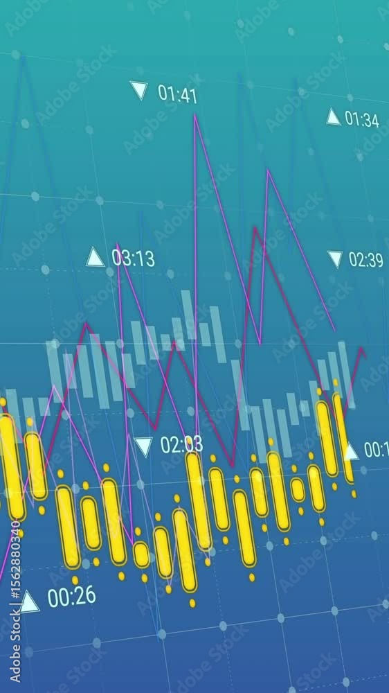 Poster animation of multiple graphs and changing numbers over grid pattern against blue background