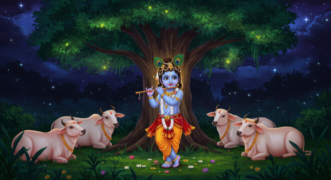 Lord Krishna Playing Flute Under Tree