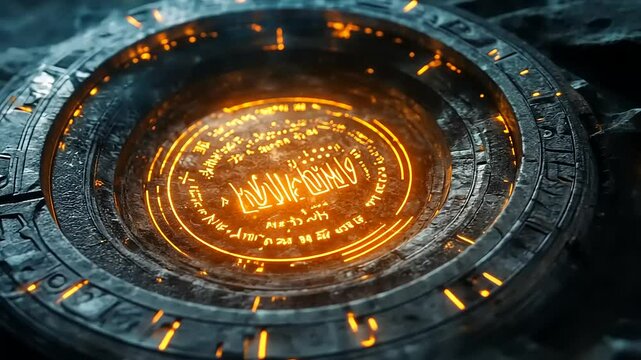 Ancient circular artifact glowing with mysterious symbols amidst a dark, smoky environment