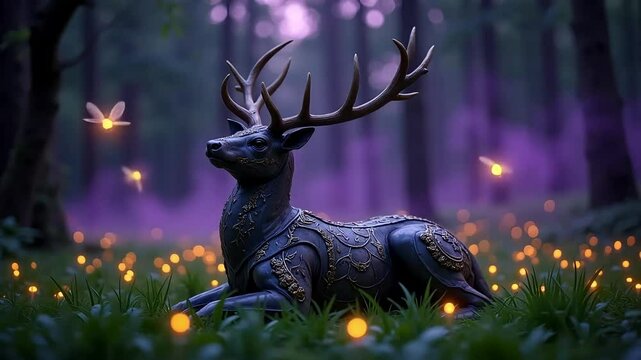 Majestic fantasy deer with glowing fireflies in enchanted forest surrounded by mystical purple light and magical atmosphere
