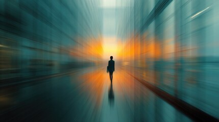 Businessman in Motion, Walking Through a Dynamic Corporate Corridor with a Reflective Floor and Blurred Office Buildings, Symbolizing Progress and the Fast-Paced World of Business