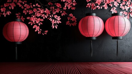 Pink lanterns hang against a dark background
