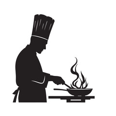 Black Silhouette Vector of Chef Flipping Food in Pan While Cooking in Kitchen on White Background Full HD