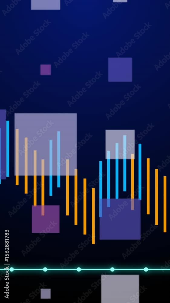 Poster animation of statistical data processing and square shapes against blue background