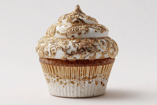 A photorealistic cupcake with haute couture lace patterns
