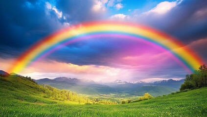 Obraz premium Majestic rainbow arches over a grassy mountain valley at sunset