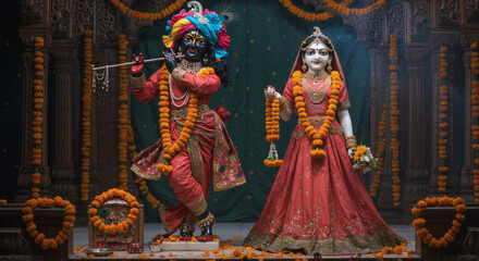 Festive Radha Krishna Sculpture in Temple Setting