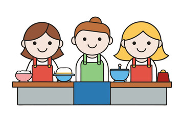 Culinary Companions: A cheerful illustration of three smiling individuals, engaged in the delightful art of food preparation. This graphic exudes warmth, unity.