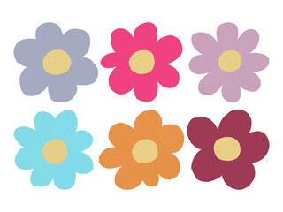 A collection of flowers with slightly different colors and surfaces with acrylic or oil-like texture.