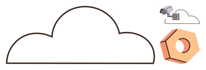 Cloud outline, security cameras, and hexagonal element represent technology, security, and connectivity. Ideal for cloud computing, data security, innovation, digital solutions internet analysis