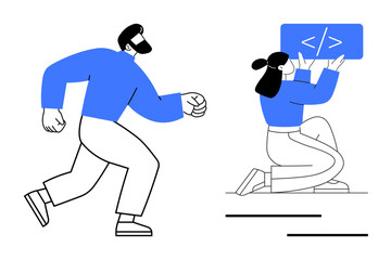 Obraz premium Man running energetically beside a woman presenting a coding frame. Ideal for teamwork, tech innovation, coding, collaboration, productivity, tech startups, simple landing page