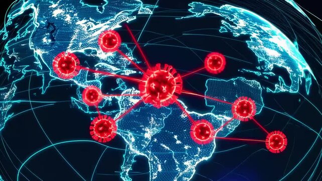 Digital pandemic spread virus outbreak global infection world map red alert technology health crisis data visualization cyber threat global network - Powered by Adobe