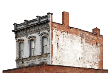 Old brick building, weathered facade, urban decay