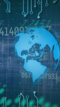 Animation of graphs, computer language, circuit board pattern around globe on abstract background