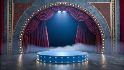 Witness a dazzling spectacle unfold on a stage illuminated by bright lights and featuring a vibrant red curtain, perfect for performances, presentations, and theatrical productions in any venue.