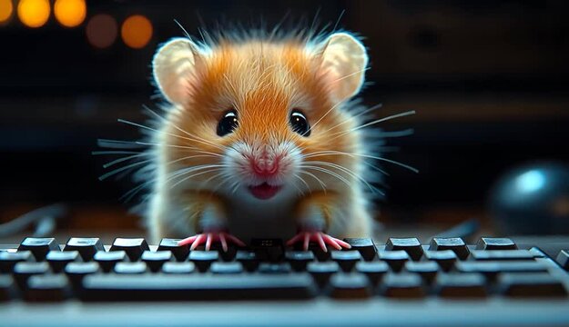 Cute hamster on computer keyboard