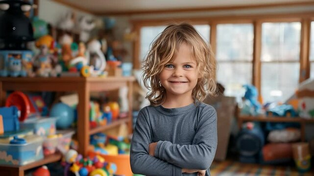 In a bright playroom full of scattered toys, a young child with tousled hair smiles playfully while crossing arms and displaying a cheeky expression of defiance