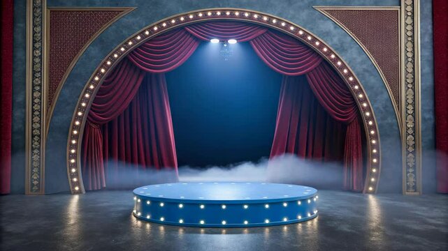 Witness a dazzling spectacle unfold on a stage illuminated by bright lights and featuring a vibrant red curtain, perfect for performances, presentations, and theatrical productions in any venue.