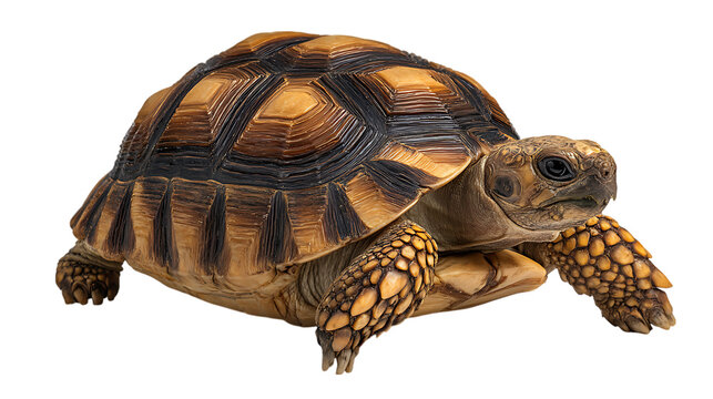 A detailed close up studio portrait of a terrestrial tortoise with a patterned shell and scaly legs isolated on transparent background