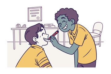 Medical Checkup with a Smile: Capturing a playful medical examination, a young person cheerfully inspects another's mouth with a pen, illustrating a scene of lighthearted interaction and health.