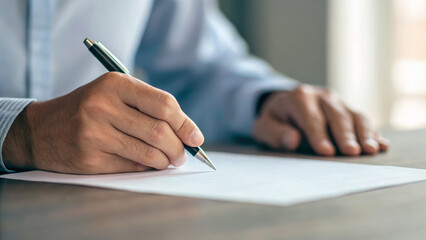 Job labor employment, unemployment. Hand pen paper writing office business document desk male closeup professional work job . Hiring rate, economic growth, opening workforce market