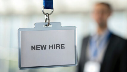 Job labor employment, unemployment. New hire badge employment recruitment job office professional business staff workplace . Hiring rate, economic growth, opening workforce market