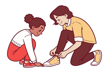 Helping Hand: Young child learns to tie their shoes with assistance, depicting a tender moment of patience and skill-sharing.