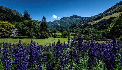 Lush valley filled with vibrant purple wildflowers