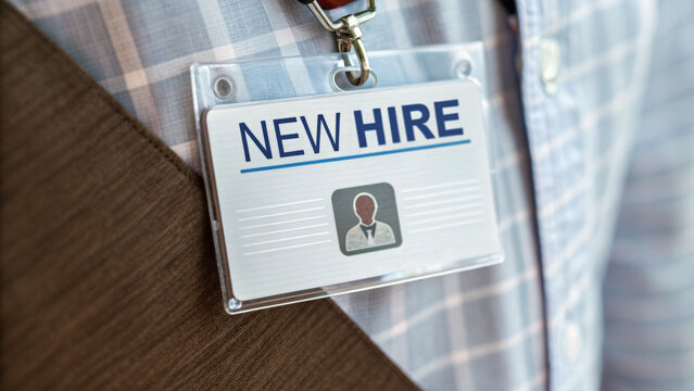 Job labor employment, unemployment. New hire badge employment job opportunity staff recruitment office worker identification . Hiring rate, economic growth, opening workforce market