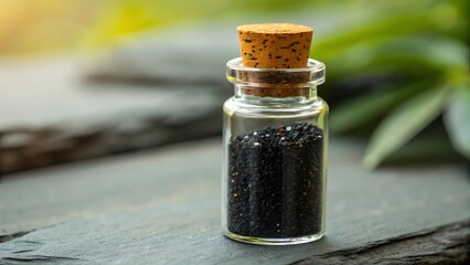 Black Sesame Seeds in a Small Glass Bottle with Cork Stopper on Dark Stone
