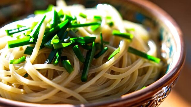 Deliciously prepared chive topped spaghetti