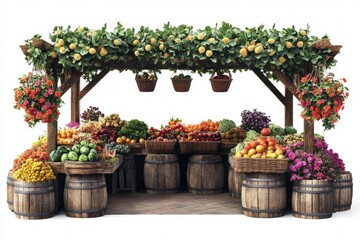 Rustic outdoor fruit and vegetable market stall, vibrant produce, floral displays