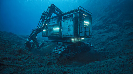 A deep sea mining vehicle operates on the ocean floor. The machine has tracks and an articulated arm, surrounded by dark blue water and sediment.