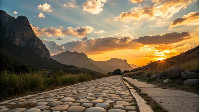 Ancient Roman Road at Sunset in Mountainous Landscape