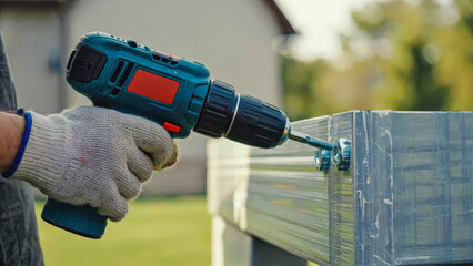 A person with gloved hands uses a power drill to secure a metal fence panel. The background shows a residential area with greenery, emphasizing off-grid living.