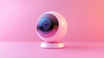 Round security camera on pink background with soft light and clean modern shape in simple smart home setting