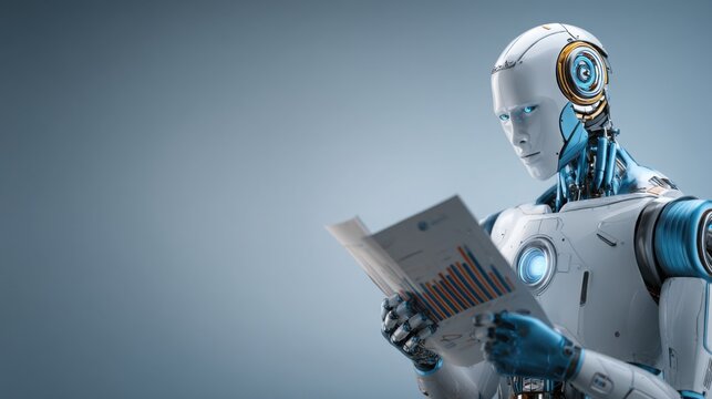 Humanoid robot holding a piece of paper symbolizing ai business assistant functionality and creative documentation