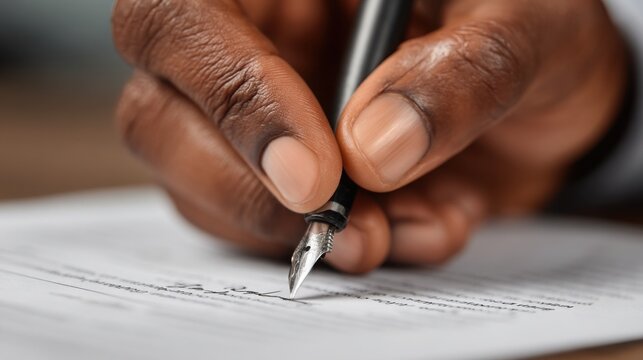 Individual signing a document representing an anti-corruption statement as a formal commitment to ethical practices - Powered by Adobe